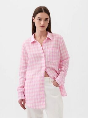 GAP Pink and White Gingham Boyfriend Button-Up Linen Shirt